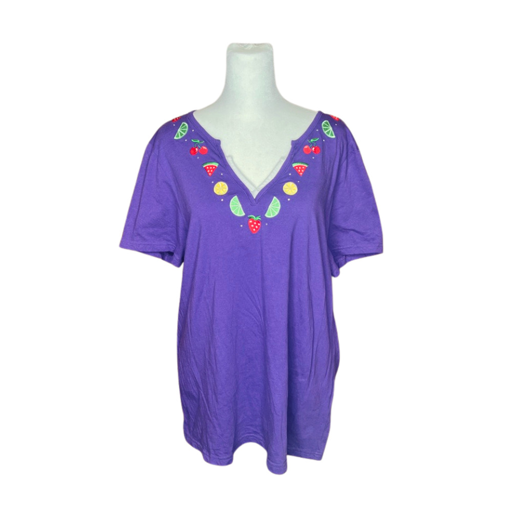Vtg Y2K Crystal Kobe Embroidered Fruit T-Shirt XXL Whimsical Teacher Artsy Retro